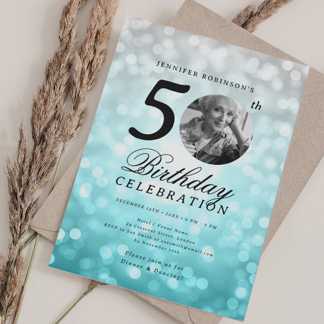Elegant Photo 50th Birthday Silver Turquoise Ombre Invitation (Elegant Photo 50th Birthday Silver Turquoise Ombre Invitation)