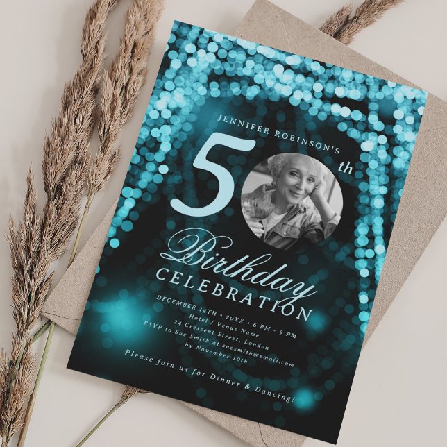 Elegant Photo 50th Birthday Turquoise Glam Lights Invitation (Elegant Photo 50th Birthday Turquoise Glam Lights Invitation)