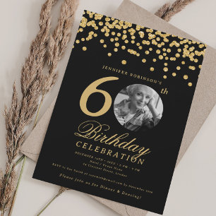 Elegant Photo 60th Birthday Gold Confetti Black Invitation