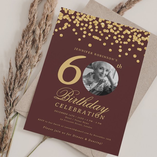 Elegant Photo 60th Birthday Gold Confetti Burgundy Invitation (Elegant Photo 60th Birthday Gold Confetti Burgundy Invitation)
