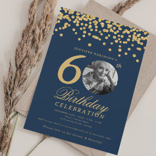 Elegant Photo 60th Birthday Gold Confetti Navy Blu Invitation