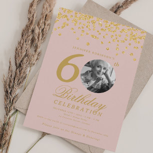 Elegant Photo 60th Birthday Gold Glitter Blush Invitation