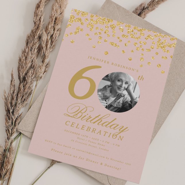 Elegant Photo 60th Birthday Gold Glitter Blush  Invitation (Creator Uploaded)