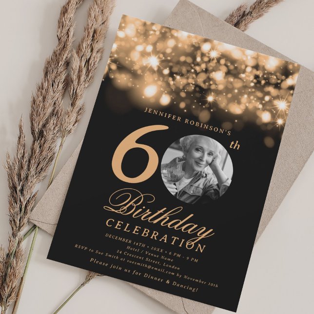 Elegant Photo 60th Birthday Gold Midnight Glam  Invitation (Elegant Photo 60th Birthday Gold Midnight Glam Invitation)