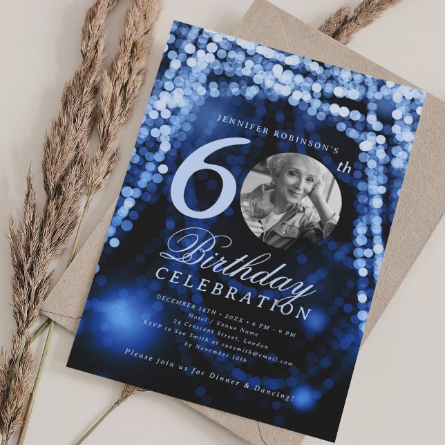 Elegant Photo 60th Birthday Navy Blue Glam Lights Invitation (Elegant Photo 60th Birthday Navy Blue Glam Lights Invitation)