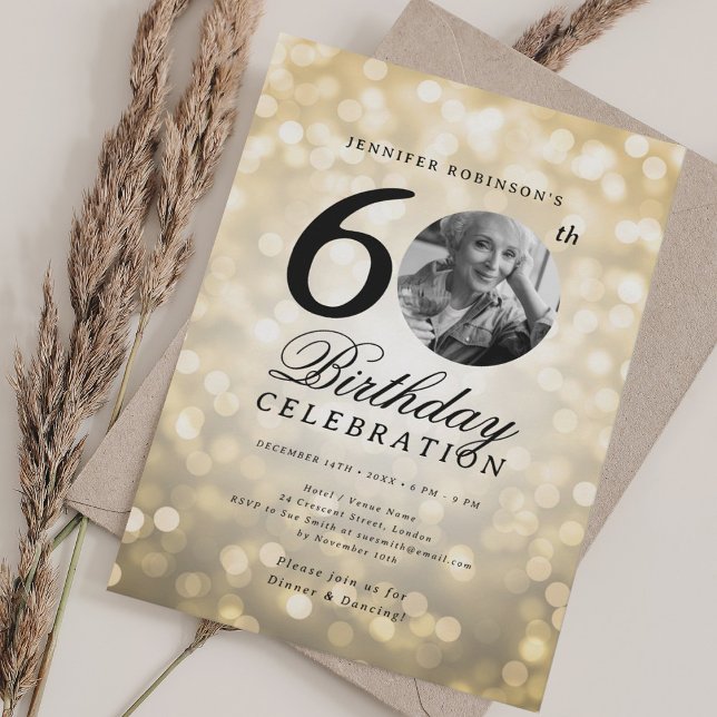 Elegant Photo 60th Birthday Party Gold Bokeh Invitation (Elegant Photo 60th Birthday Party Gold Bokeh Invitation)