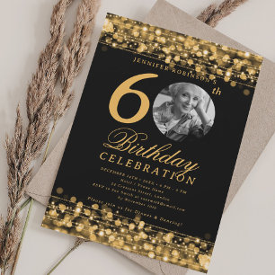 Elegant Photo 60th Birthday Party Gold Lights Invitation
