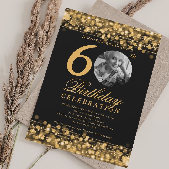 Elegant Photo 60th Birthday Party Gold Lights Invitation (Elegant Photo 60th Birthday Party Gold Lights Invitation)