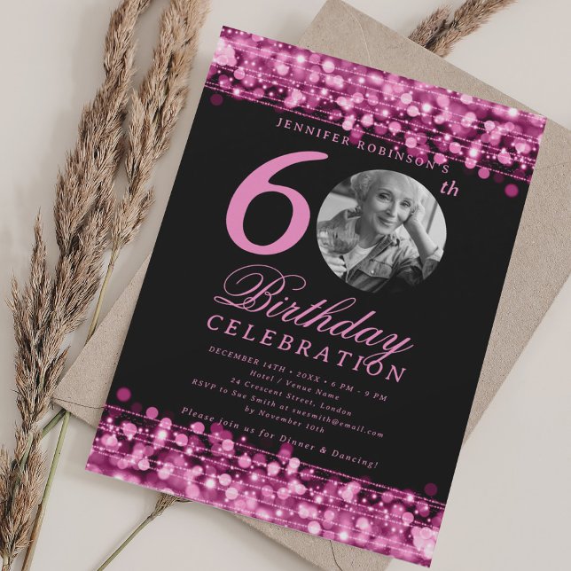 Elegant Photo 60th Birthday Party Hot Pink Lights Invitation (Elegant Photo 60th Birthday Party Hot Pink Lights Invitation)