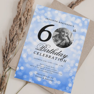 Elegant Photo 60th Birthday Party Navy Blue Bokeh Invitation