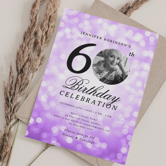 Elegant Photo 60th Birthday Party Purple Bokeh Invitation (Elegant Photo 60th Birthday Party Purple Bokeh Invitation)