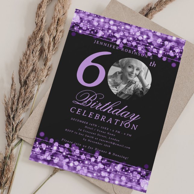 Elegant Photo 60th Birthday Party Purple Lights Invitation (Elegant Photo 60th Birthday Party Purple Lights Invitation)