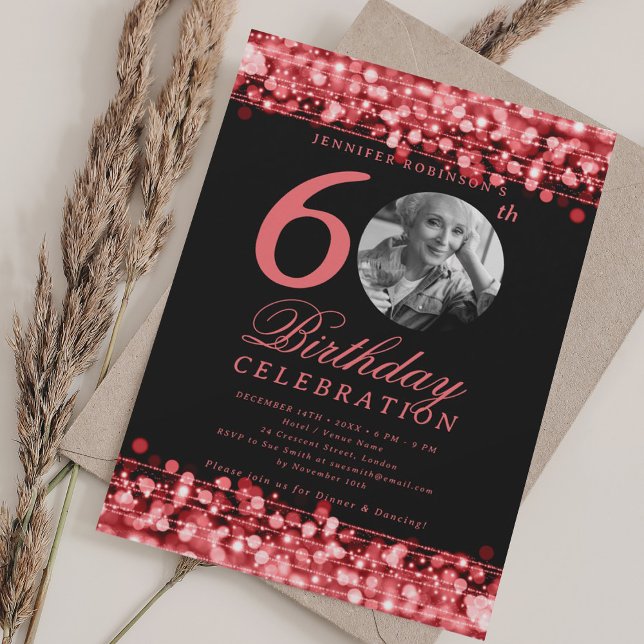 Elegant Photo 60th Birthday Party Red Lights Invitation (Elegant Photo 60th Birthday Party Red Lights Invitation)