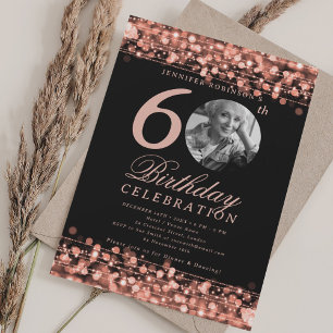 Elegant Photo 60th Birthday Party Rose Gold Lights Invitation
