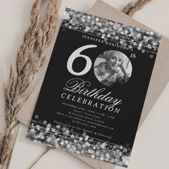 Elegant Photo 60th Birthday Party Silver Lights Invitation (Elegant Photo 60th Birthday Party Silver Lights Invitation)