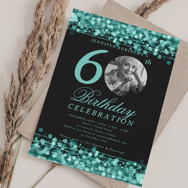 Elegant Photo 60th Birthday Party Teal Lights Invitation (Elegant Photo 60th Birthday Party Teal Lights Invitation)