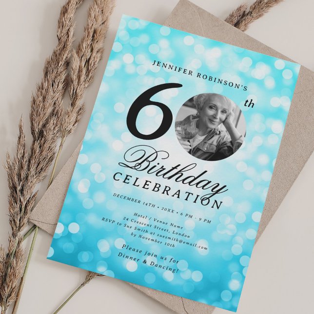 Elegant Photo 60th Birthday Party Turquoise Bokeh Invitation (Elegant Photo 60th Birthday Party Turquoise Bokeh Invitation)