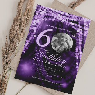 Elegant Photo 60th Birthday Purple Glam Lights Invitation