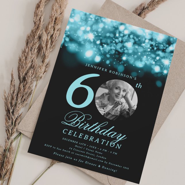 Elegant Photo 60th Birthday Turquoise Glam  Invitation (Elegant Photo 60th Birthday Turquoise Glam Invitation)