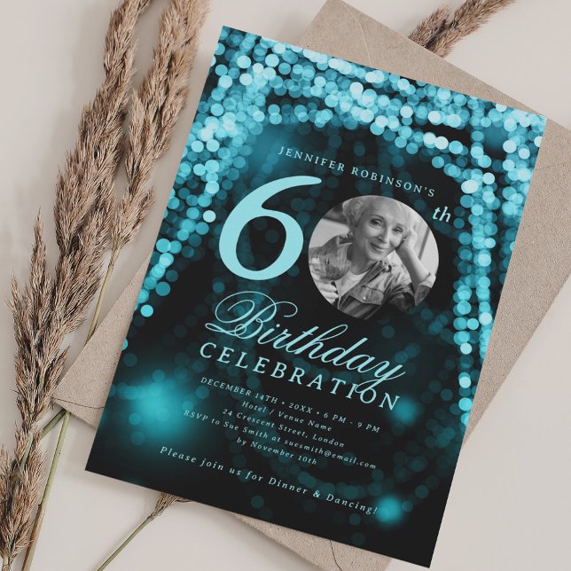 Elegant Photo 60th Birthday Turquoise Glam Lights Invitation (Elegant Photo 60th Birthday Turquoise Glam Lights Invitation)