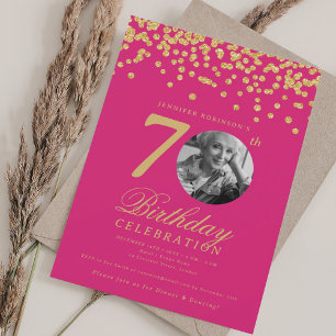 Elegant Photo 70th Birthday Gold Hot Pink Invitation