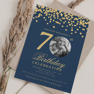 Elegant Photo 70th Birthday Gold Navy Confetti Invitation