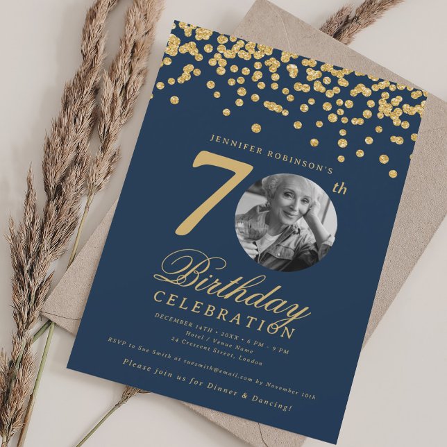 Elegant Photo 70th Birthday Gold Navy Confetti Invitation (Elegant Photo 70th Birthday Gold Navy Confetti Invitation)