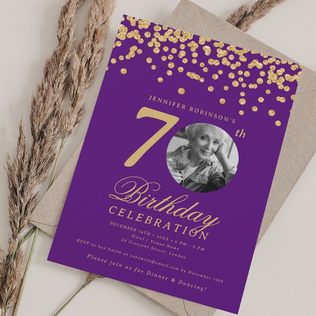 Elegant Photo 70th Birthday Gold Purple Confetti Invitation (Elegant Photo 70th Birthday Gold Purple Confetti Invitation)