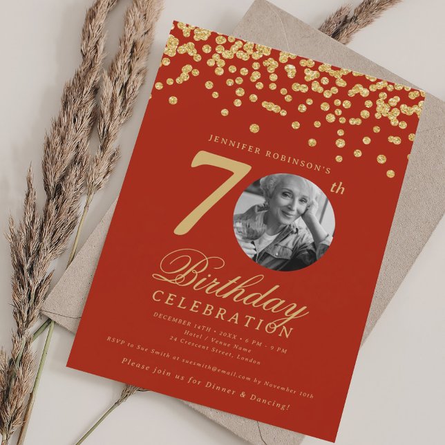 Elegant Photo 70th Birthday Gold Red Confetti  Invitation (Elegant Photo 70th Birthday Gold Red Confetti Invitation)
