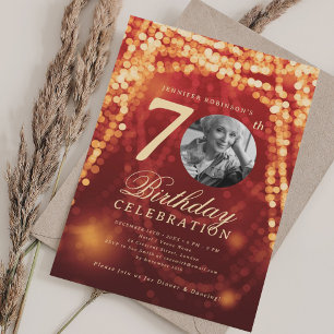 Elegant Photo 70th Birthday Gold Red Glam Lights Invitation