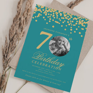 Elegant Photo 70th Birthday Gold Turquoise Invitation