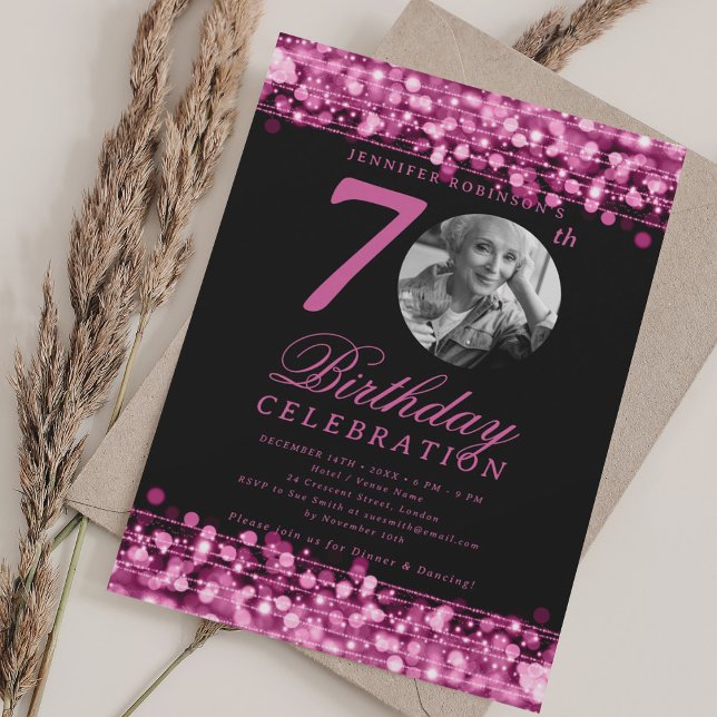 Elegant Photo 70th Birthday Party Hot Pink Lights Invitation (Elegant Photo 70th Birthday Party Hot Pink Lights Invitation)