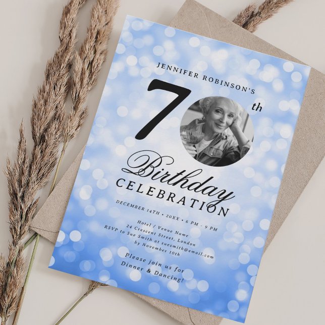 Elegant Photo 70th Birthday Party Navy Blue Bokeh Invitation (Elegant Photo 70th Birthday Party Navy Blue Bokeh Invitation)