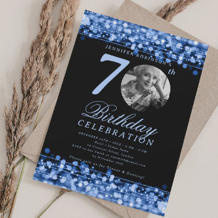 Elegant Photo 70th Birthday Party Navy Blue Lights Invitation