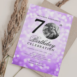 Elegant Photo 70th Birthday Party Purple Bokeh Invitation