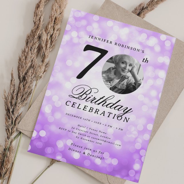 Elegant Photo 70th Birthday Party Purple Bokeh Invitation (Elegant Photo 70th Birthday Party Purple Bokeh Invitation)
