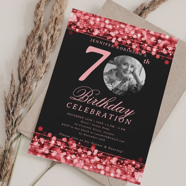 Elegant Photo 70th Birthday Party Red Lights Invitation (Elegant Photo 70th Birthday Party Red Lights Invitation)