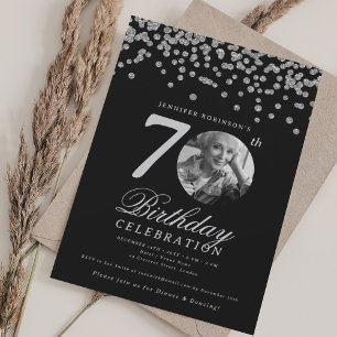 Elegant Photo 70th Birthday Party Silver Black Invitation