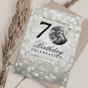 Elegant Photo 70th Birthday Party Silver Bokeh Invitation