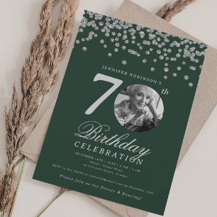 Elegant Photo 70th Birthday Party Silver Green Invitation