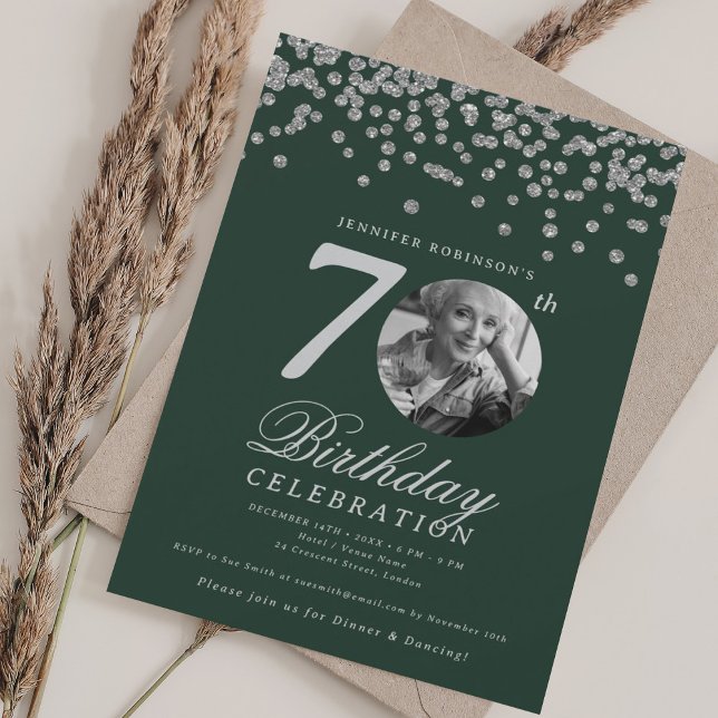 Elegant Photo 70th Birthday Party Silver Green  Invitation (Elegant Photo 70th Birthday Party Silver Green Invitation)