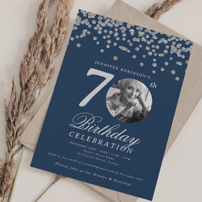 Elegant Photo 70th Birthday Party Silver Navy  Invitation (Elegant Photo 70th Birthday Party Silver Navy Invitation)