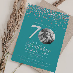 Elegant Photo 70th Birthday Party Silver Turquoise Invitation