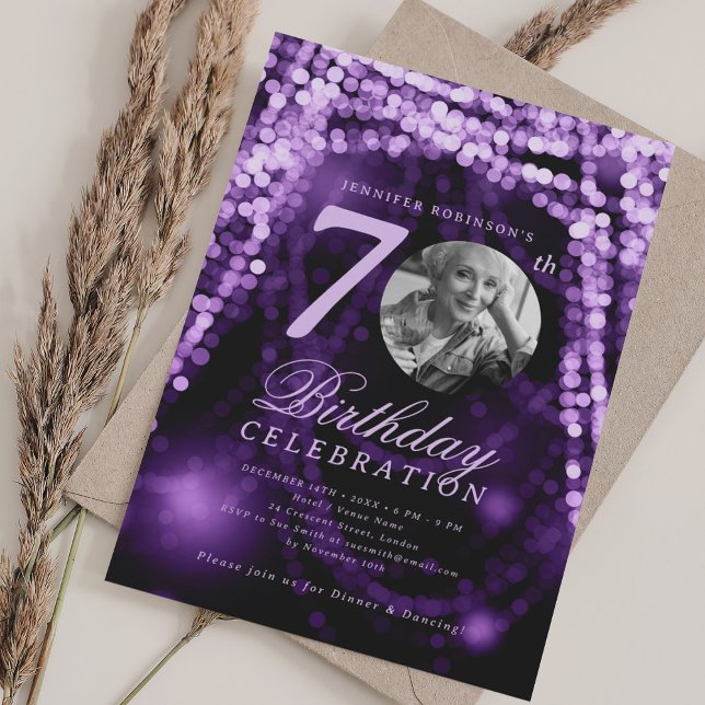 Elegant Photo 70th Birthday Purple Glam Lights Invitation (Elegant Photo 70th Birthday Purple Glam Lights Invitation)