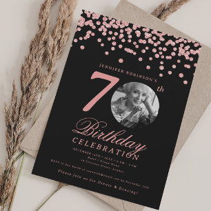 Elegant Photo 70th Birthday Rose Gold Black Invitation