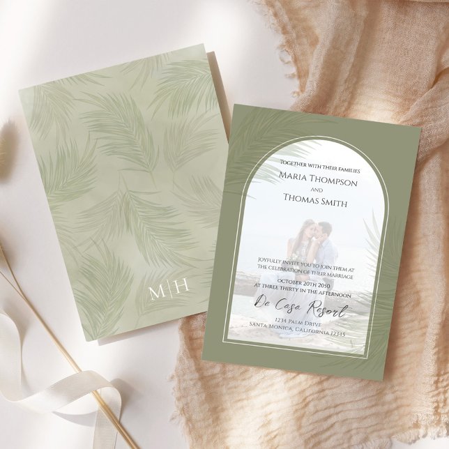 Elegant Photo Arch Boho Palm Leaves Wedding Invitation (Elegant palm leaves photo wedding invitation.)