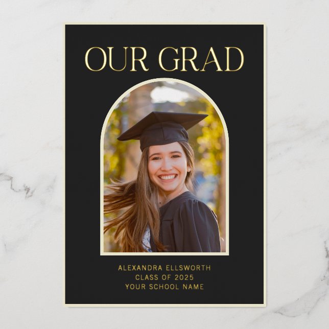 Elegant Photo Arch Graduation Black Gold Foil Card (Front)