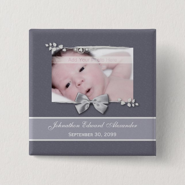 Elegant Photo Birth Announcement Silver Ribbon 15 Cm Square Badge (Front)