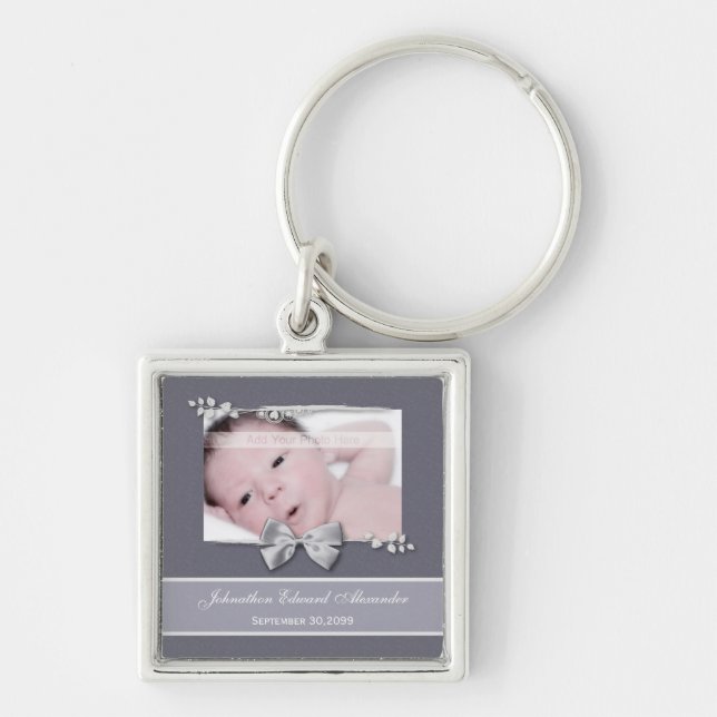Elegant Photo Birth Announcement Silver Ribbon Key Ring (Front)