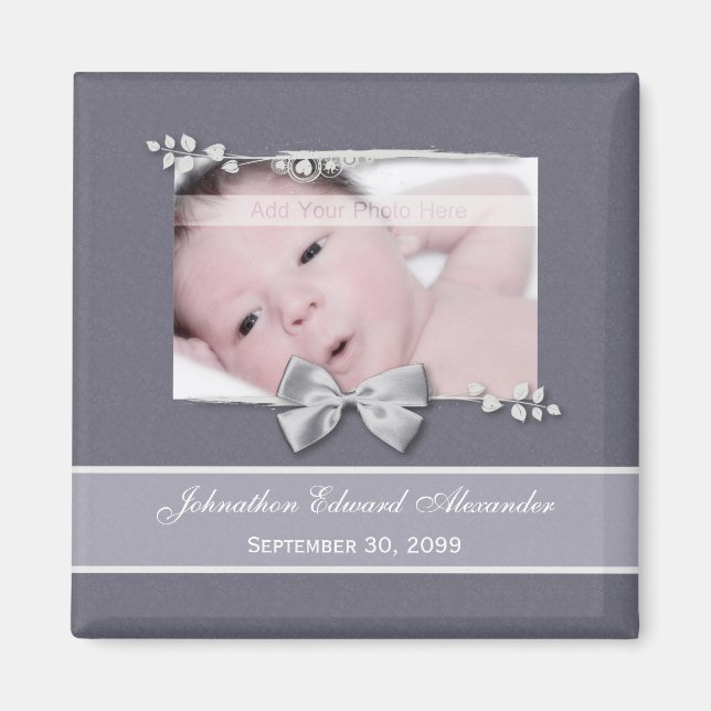 Elegant Photo Birth Announcement Silver Ribbon Magnet (Front)